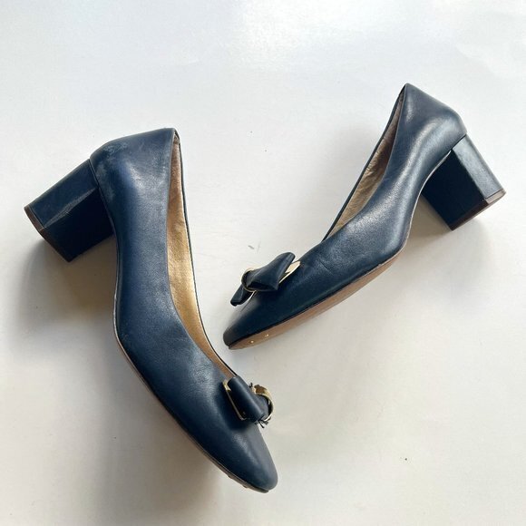 Louise Et Cie Women’s Lilla Leather Bow Heels Navy Blue Gold Size 7M Slip On - Picture 2 of 6